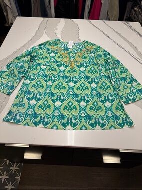 Kim Gravel Teal and Green Ikat-Print Embroidered Tunic Gold Accent NWT